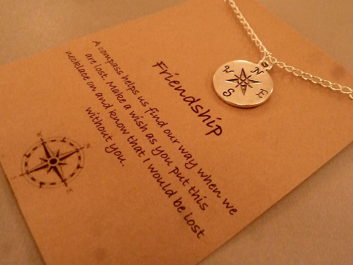 Compass Charm Necklace Silver Tone Friendship Compass Etsy
