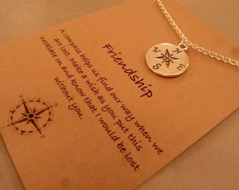 Compass Charm Necklace: Silver Tone Friendship Compass Necklace, Lost Without You, Best Friends, Friendship Necklace