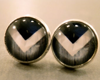 Blue Chevron Studs: Antique Chevron Glass Cabochon Earrings, Tribal, Native, Summer, Arrowhead, Antique Finish