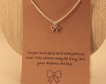 Bow Necklace: Mini Silver Bow Charm Necklace, Friendship Necklace, Wish Jewelry, Wish Necklace, Bow, Best Friends, Sugar and Spice