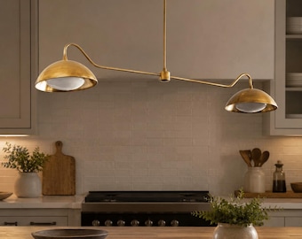Mid Century Modern Brass Linear Pendant Light, 1950s Double Dome Chandelier, Kitchen Island Lighting, Handmade Ceiling Lamp