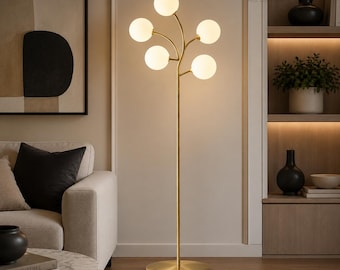Mid Century Modern Brass Floor Lamp 5 Globe Light – Gold Standing Tree Lamp with Glass Globes for Living Room Office Decor Lighting Fixture