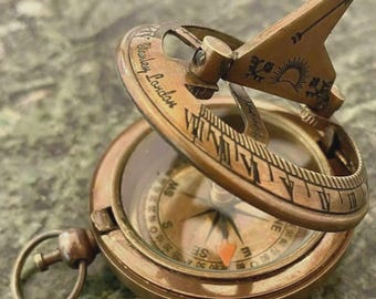 アンティーク真鍮製日時計コンパス｜ヴィンテージポケットコンパス 2インチプッシュボタン｜収集価値のある航海用コンパス、または男性または女性へのクリスマスプレゼント