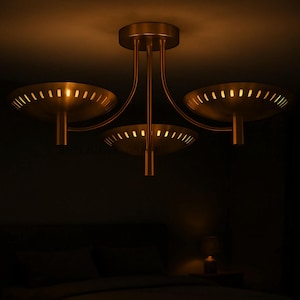 Puede incluir: Un plaf&oacute;n de techo de tres luces con un acabado dorado c&aacute;lido. La l&aacute;mpara tiene tres pantallas en forma de cuenco con bordes ranurados, suspendidas de brazos curvos. La l&aacute;mpara est&aacute; montada en un techo, con un fondo oscuro.