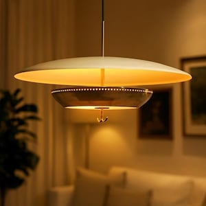 May include: A modern, hanging pendant light fixture with a cream-colored, saucer-shaped shade. Below, a dark bronze-colored bowl-shaped element features small, evenly spaced lights. The fixture hangs from a black cord, illuminating a warm, inviting space.