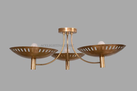 Mid Century Modern Raw Brass Chandelier | 3 Light Semi Flush Mount Ceiling Fixture | Vintage Dome Pendant Light | Retro Lighting