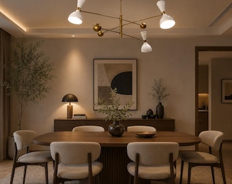 Mid Century Modern Brass Sputnik Chandelier, Rotating Arm Ceiling Light, Twin Ivory Shades, Stilnovo Dining Room Fixture
