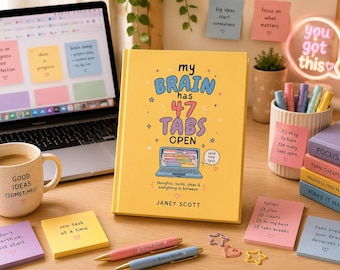 May include: A yellow hardcover book titled My Brain Has 47 Tabs Open by Janey Scott, featuring a graphic of a laptop with open tabs. The cover includes the text send help pls and thoughts, tasks, ideas & everything in between, surrounded by small star icons.