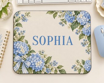 Alfombrilla de ratón personalizada con hortensias, alfombrilla de ratón con nombre personalizado, decoración floral azul para escritorio, alfombrilla de ratón estilo preppy femenino, regalo cottagecore para ella.