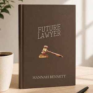 May include: A dark brown hardcover notebook featuring the text FUTURE LAWYER in white, a small illustration of a wooden gavel, and the name HANNAH BENNETT printed in white at the bottom of the front cover.