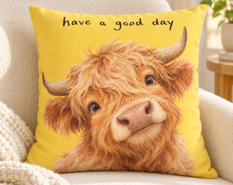 Funda de almohada con estampado de vaca de las Tierras Altas, "Que tengas un buen día", cuadros amarillos, decoración adorable para dormitorio universitario, regalo de ánimo, 45 x 45 cm, gamuza sintética