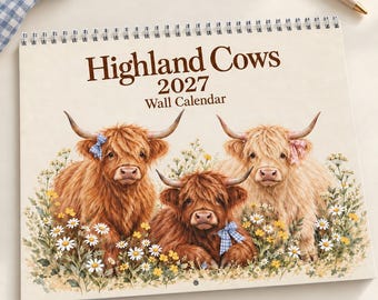 Calendario de pared de vacas de las Tierras Altas 2027, Lindo calendario de ganado de las Tierras Altas, Decoración acogedora para casa de campo, Regalo para amantes de las vacas, Decoración de pared para dormitorio universitario