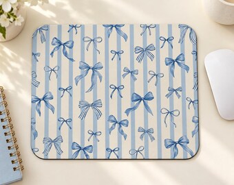 Alfombrilla de ratón con lazos de cinta azul / Diseño de lazos a rayas / Lindo regalo para estudiante universitaria / Decoración de dormitorio / Regalo para hija
