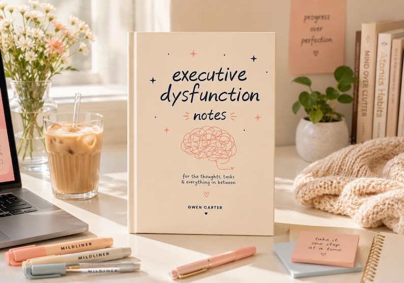 Puede incluir: Un libro de tapa dura color crema titulado Executive Dysfunction Notes de Gwen Carter. La portada presenta texto en azul oscuro, un dibujo lineal color coral de un cerebro y estrellas peque&ntilde;as. El subt&iacute;tulo dice for the thoughts, tasks & everything in between.