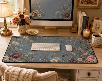 Alfombrilla de escritorio floral azul vintage, alfombrilla de ratón de estilo cottagecore romántico, decoración botánica de escritorio rosa empolvado, accesorio de oficina femenino