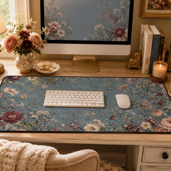 Alfombrilla de escritorio floral azul vintage, alfombrilla de ratón de estilo cottagecore romántico, decoración botánica de escritorio rosa empolvado, accesorio de oficina femenino