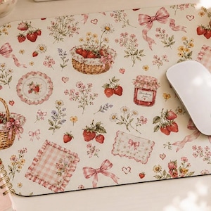 Coquette Strawberry Picnic Mouse Pad Vintage Bows Gingham Floral Desk Mat Cottagecore Pink Aesthetic Office Desk Accessory Gift