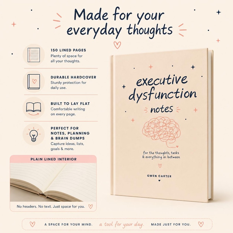 Puede incluir: Un cuaderno de tapa dura beige titulado Executive Dysfunction Notes con una ilustraci&oacute;n de un cerebro en la portada. Incluye 150 p&aacute;ginas rayadas, encuadernaci&oacute;n plana y un interior sencillo. El texto de la portada incluye el nombre Gwen Carter.