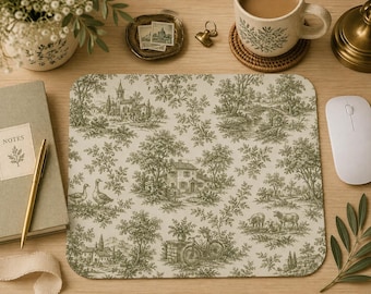 Alfombrilla de ratón estilo campestre francés con estampado Toile, alfombrilla de escritorio vintage con paisaje pastoral, accesorio de oficina estilo cottagecore, regalo.