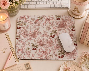 Alfombrilla de ratón Coquette Cherry Toile, estilo vintage parisino, con lazo rosa, romántica, para escritorio, accesorio de oficina femenino, regalo.
