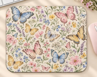 Alfombrilla de ratón con mariposas, alfombrilla de ratón floral, decoración de escritorio con flores silvestres en acuarela, accesorio de oficina estilo cottagecore, alfombrilla de escritorio linda y femenina, regalo para ella.