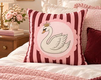 Funda de almohada Princesa Cisne, almohada a rayas rosas y burdeos, decoración preppy para dormitorio universitario, decoración coqueta para dormitorio, regalo femenino para dormitorio universitario