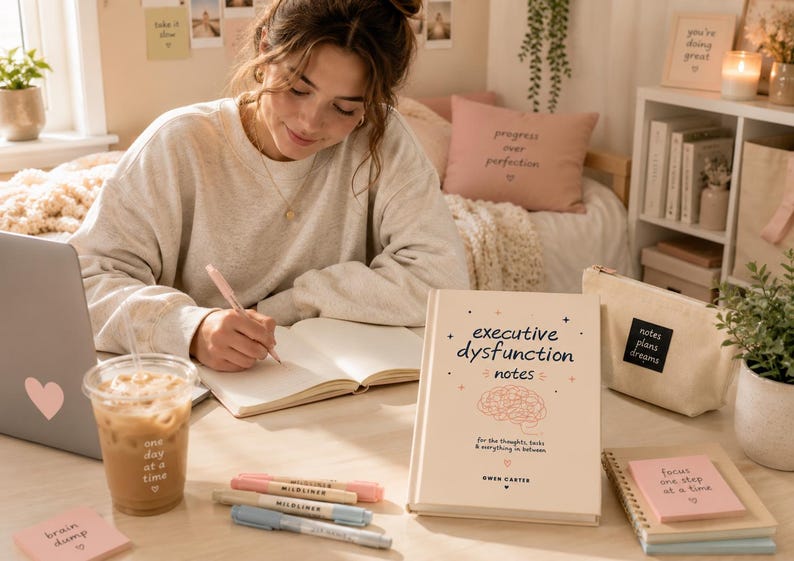 Puede incluir: Un libro de tapa dura beige titulado Executive Dysfunction Notes con una ilustraci&oacute;n de un cerebro, colocado sobre un escritorio junto a un port&aacute;til, un vaso de pl&aacute;stico con caf&eacute; helado, un estuche de lona y varios rotuladores pastel.