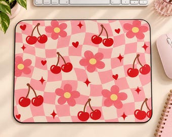 Alfombrilla de ratón retro con diseño de cerezas, alfombrilla de ratón a cuadros rosas, linda decoración de escritorio para chicas, alfombrilla de ratón floral moderna, accesorio de escritorio estilo Y2K, regalo para dormitorio universitario