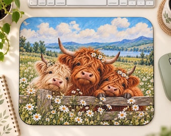 Alfombrilla de ratón con diseño de vaca de las Tierras Altas, alfombrilla de ratón con diseño de vaca adorable, decoración de escritorio con diseño de ganado de las Tierras Altas, alfombrilla de ratón estilo cottagecore, regalo con diseño de animales de granja, accesorio de escritorio para residencia universitaria.