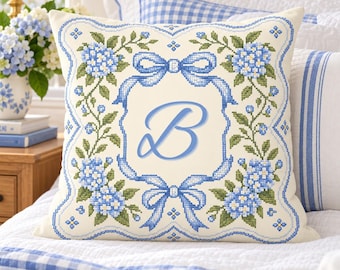 Funda de almohada con monograma personalizado, almohada con lazo de hortensias azules, decoración para dormitorio estilo punto de cruz, funda de almohada decorativa con inicial personalizada