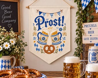 Oktoberfest Party Pennant, Prost Beer Banner, Bavarian Pretzel Party Decor, German Beer Festival Wall Hanging