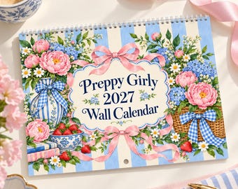 Calendario de pared preppy femenino 2027, calendario floral coqueto, estética de lazo rosa y azul, decoración de habitación cottagecore, lindo regalo para ella.