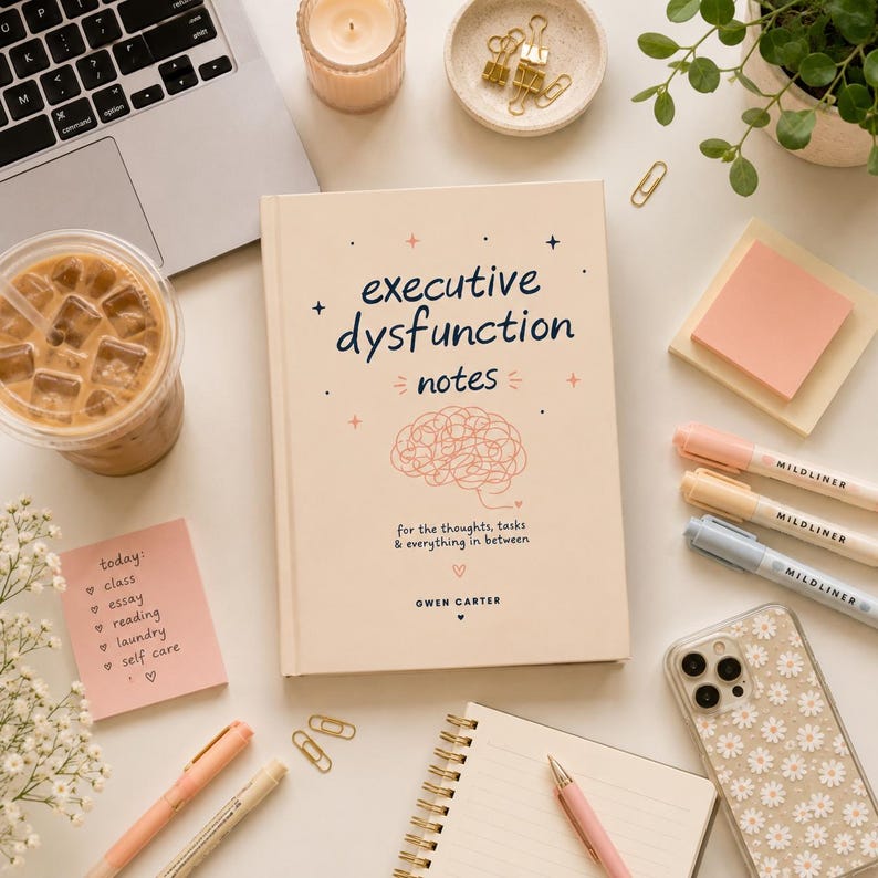 Puede incluir: Un libro de tapa dura color crema titulado Executive Dysfunction Notes de Owen Carter, con un dibujo lineal de un cerebro, rodeado por una computadora port&aacute;til, caf&eacute; helado, notas adhesivas, resaltadores, una funda de tel&eacute;fono con margaritas y suministros.