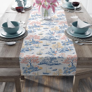 Coastal Toile Table Runner: Nautical Dining Decor