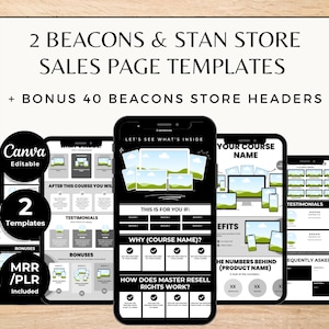 May include: A promotional image featuring five smartphones displaying sales page templates. The text on the image reads "2 Beacons & Stan Store Sales Page Templates" and "+ Bonus 40 Beacons Store Headers." The phones showcase various template designs with sections for testimonials and course benefits.