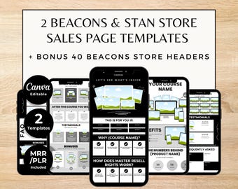 Tienda Beacons Stan, paquete de plantillas editables de Canva para páginas de ventas, página de destino atractiva + 42 imágenes de encabezado, diseño de tienda de productos digitales
