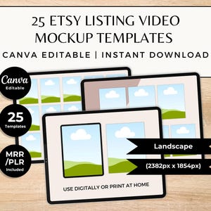 Könnte beinhalten: Das Bild zeigt drei digitale Mockup-Vorlagen für Etsy-Listing-Videos. Der Text lautet: "25 Etsy Listing Video Mockup Templates", "Canva Editable" und "Instant Download". Die Vorlagen können digital verwendet oder zu Hause ausgedruckt werden.