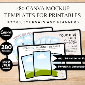 Könnte beinhalten: Ein digitales Produkt-Mockup mit drei Tablets, die Canva-Vorlagen für Druckvorlagen anzeigen. Das Bild enthält den Text "280 Canva Mockup Templates for Printables" und Details zu A4, US & Half Letter Size sowie Optionen für Hoch- und Querformat.