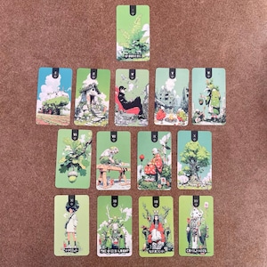 May include: A collection of fourteen rectangular tarot cards arranged in a grid, featuring green-toned illustrations of various figures, landscapes, and structures. Each card displays a Roman numeral at the top and text at the bottom, including Grounding, Mycelia, The Green Knight, Sukrogaja, and Cthulhades.