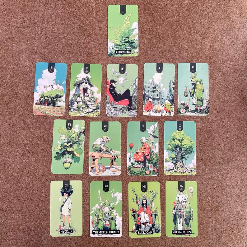 May include: A collection of fourteen rectangular tarot cards arranged in a grid, featuring green-toned illustrations of various figures, landscapes, and structures. Each card displays a Roman numeral at the top and text at the bottom, including Grounding, Mycelia, The Green Knight, Sukrogaja, and Cthulhades.