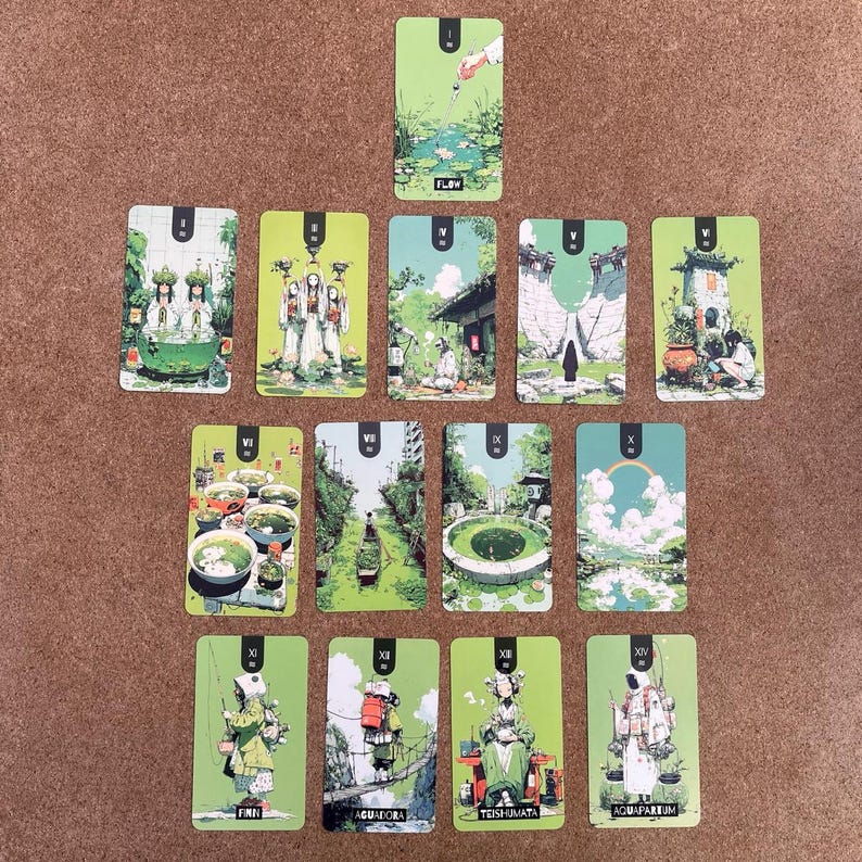 May include: A collection of fourteen rectangular tarot-style cards arranged in a grid, featuring green-toned illustrations of figures and landscapes. Each card displays a Roman numeral at the top and specific text at the bottom, including Flow, Finn, Aguadora, Teishumata, and Aquapartum.