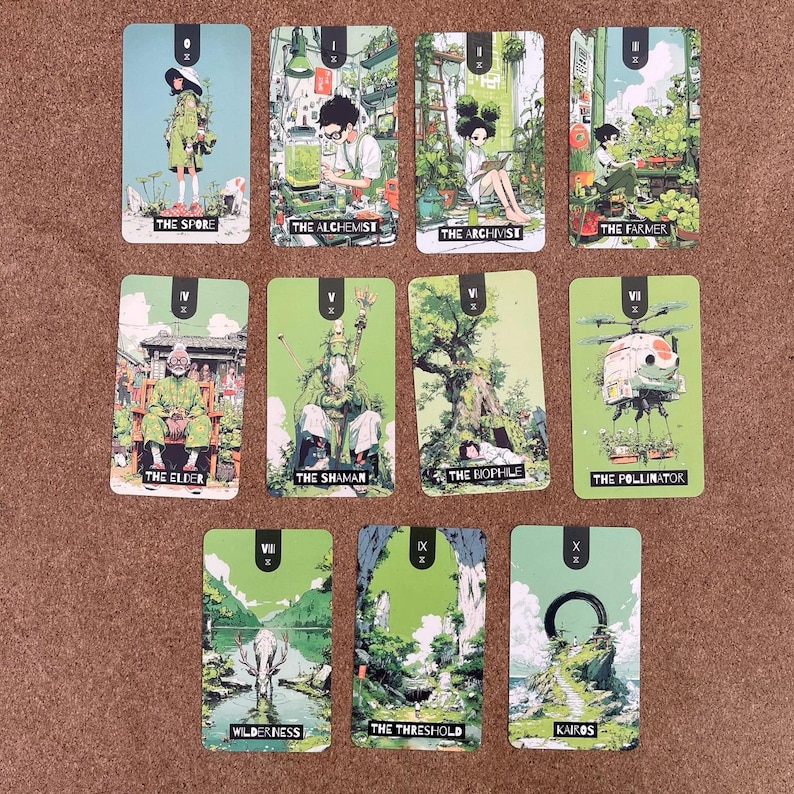 May include: A set of ten rectangular tarot-style cards featuring green-toned illustrations. Each card displays a unique character or landscape scene with a Roman numeral and a title, including The Spore, The Alchemist, The Archivist, The Farmer, The Elder, The Shaman, The Biophile, The Pollinator, Wilderness, The Threshold, and Kairos.