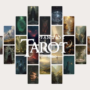 Può includere: Un insieme di carte dei tarocchi a tema fantasy disposte in un motivo circolare. Le carte presentano illustrazioni dettagliate con varie scene, tra cui paesaggi, figure e disegni astratti. Le parole "FANTASY TAROT" sono ben visibili al centro.