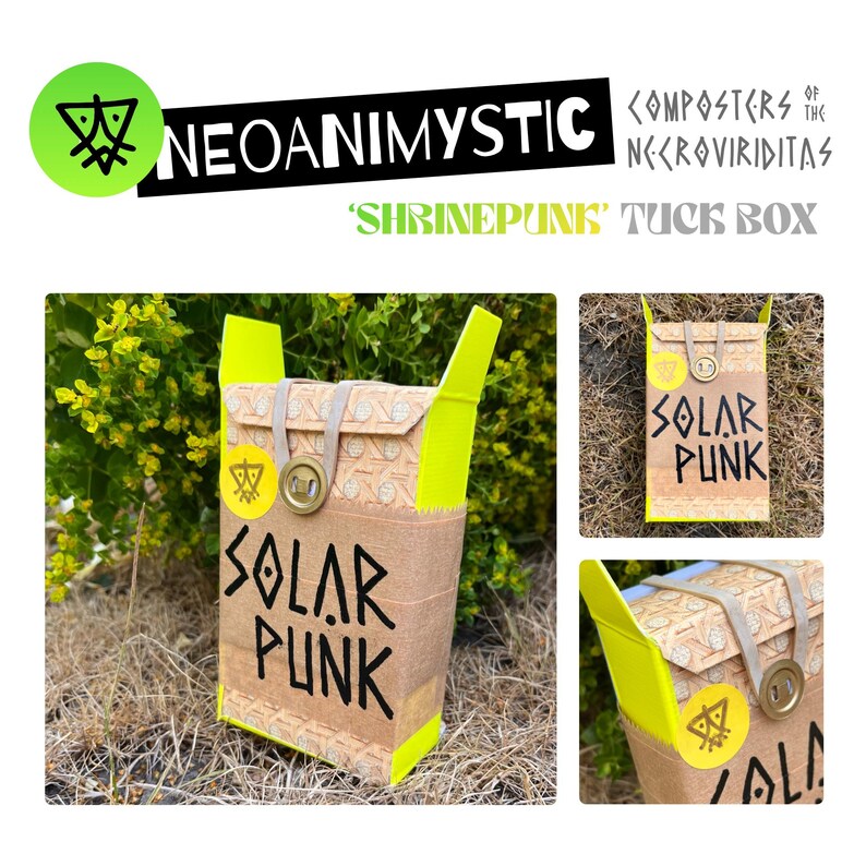 May include: A rectangular tuck box featuring a tan woven pattern, bright neon yellow accents, and a central tan strap secured by a gold-toned button. The front displays the text SOLAR PUNK in black lettering and a small yellow circular logo icon.