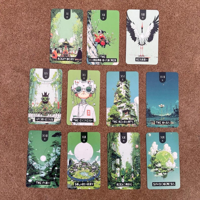 May include: A set of eleven rectangular tarot cards featuring colorful illustrations and titles including Reciprocity, The Hanging Gardener, Rebirth, Apotheosis, The Exorcism, The Remnants, The Oasis, The Path, Solardarity, Reckoning, and Symbiogenesis.
