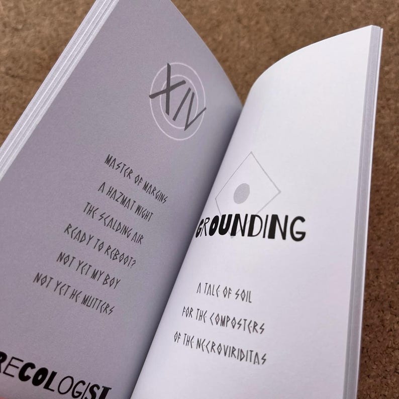 May include: An open book with white pages and black text. The left page displays the Roman numeral XIV and a list of titles including Master of Margins and A Hazmat Night. The right page features the word Grounding and A Tale of Soil.