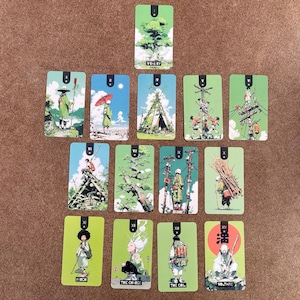 May include: A collection of fourteen rectangular tarot-style cards arranged in a grid. Each card features a unique illustration with a green, blue, or white background, depicting figures in various settings. Some cards include text labels like VITALITY, HITCH, THE CHARGE, THE COIL, and VOLTAIRE, along with Roman numerals at the top.