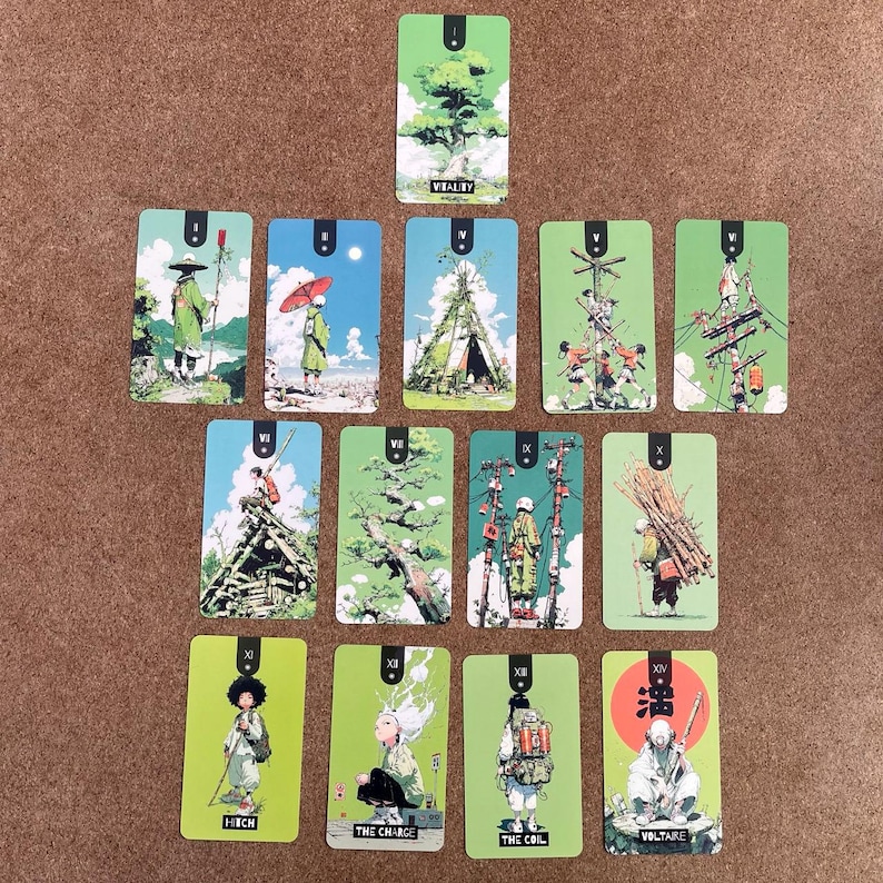 May include: A collection of fourteen rectangular tarot-style cards arranged in a grid. Each card features a unique illustration with a green, blue, or white background, depicting figures in various settings. Some cards include text labels like VITALITY, HITCH, THE CHARGE, THE COIL, and VOLTAIRE, along with Roman numerals at the top.