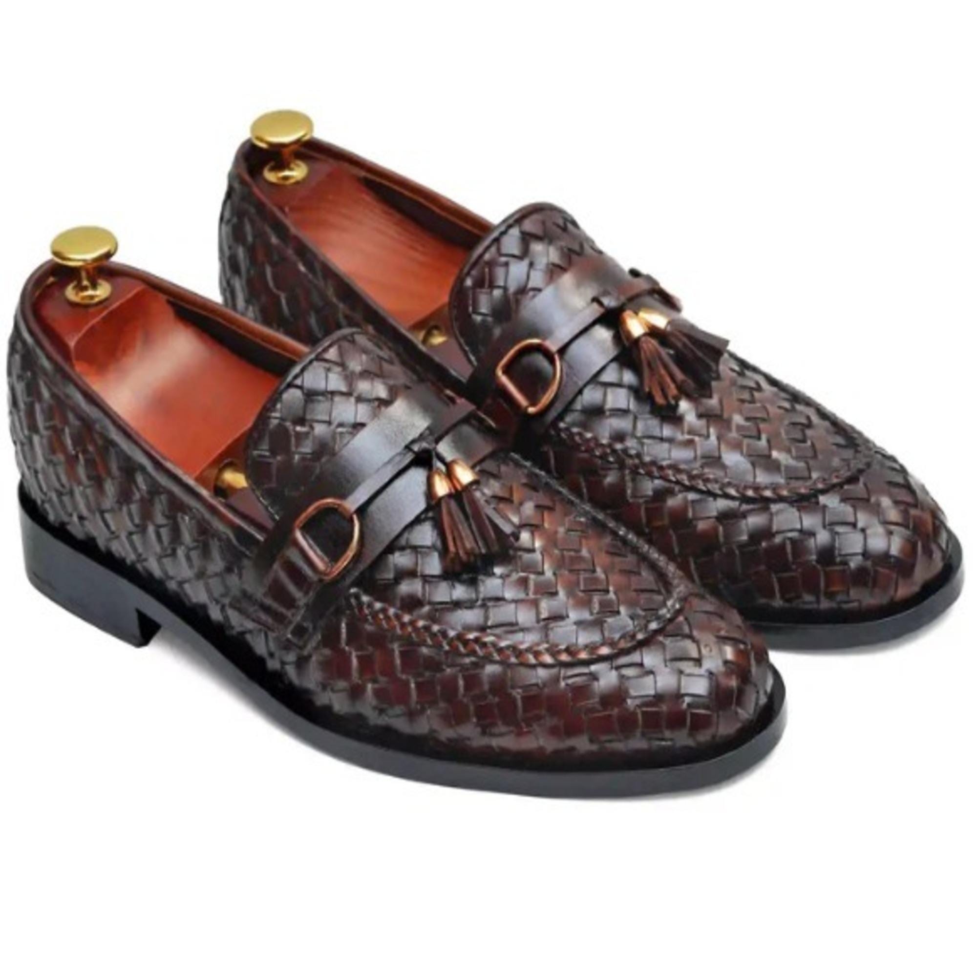 Handmade Woven Leather Tassel Loafers - Men