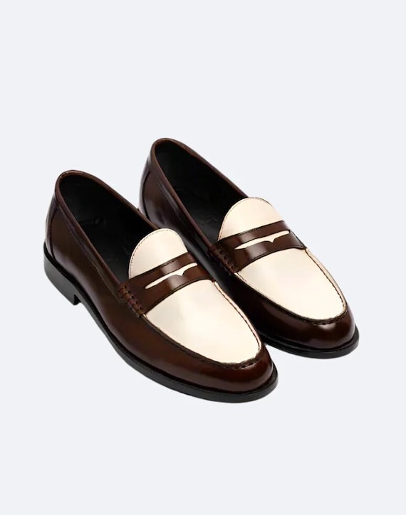 Handmade Two-Tone Leather Penny Loafers – Brown & Ivory Men’s Dress Shoes